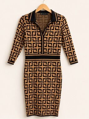Women's Geometric Knit Polo Dress - Black and Camel